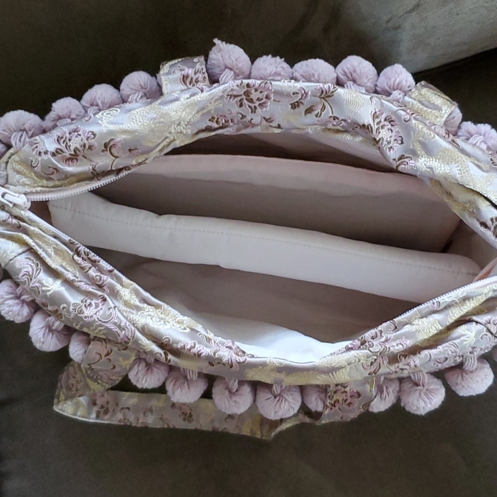 Silk Brocade Tote Bag with PomPoms - Picture 5 of 8